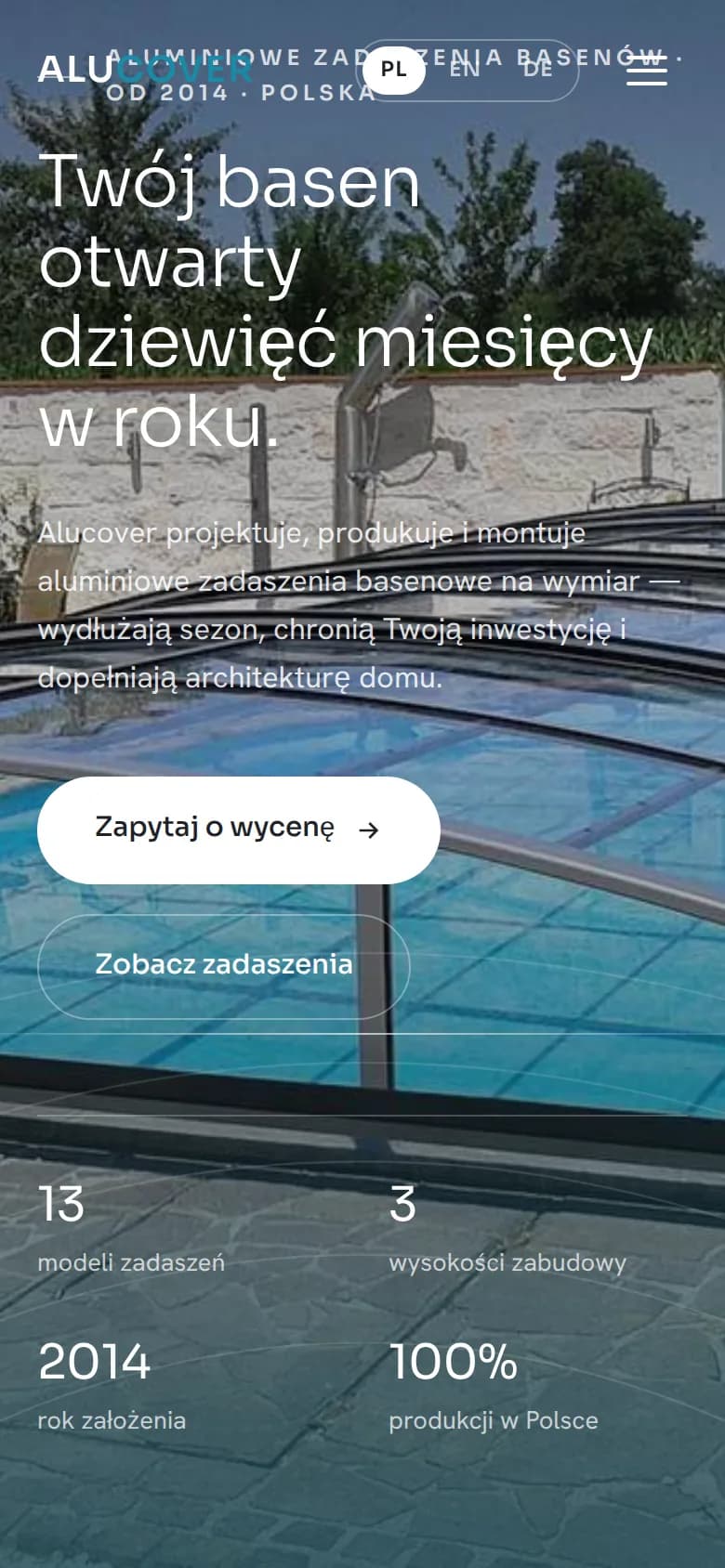 Alucover landing page on a narrow mobile viewport, with the hero headline and quote button stacked over the pool enclosure photograph.