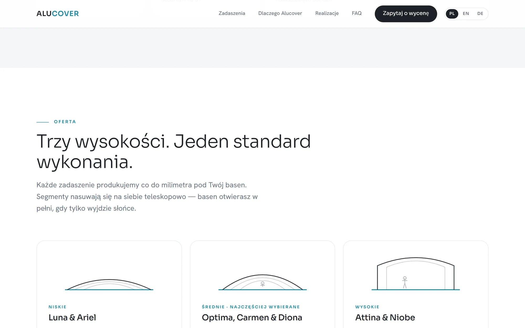Product range section headed 'Trzy wysokości. Jeden standard wykonania.' with three cards, each showing a custom line drawing of an enclosure profile.